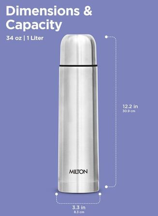 Термос Milton Thermosteel Flip Lid 1000 мл з подвійними стінками, вакуумна ізоляція, нержавіюча сталь, без BPA, з кришкою-фліпом, срібний | 1 літр, 24 години зберігання тепла та холоду