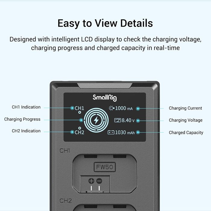 SMALLRIG Запасні акумулятори для Sony NP-FW50 (2 шт.) з LCD-дисплеєм та зарядним пристроєм. Сумісні з Sony ZV-E10, A6300, A6400, A6500, A7 II, A7R II, A7S, A7S II, A7R, RX10 III