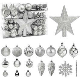 100 шт. прикраси для ялинки: кулі, верхівка, чорний набір, сріблястий, розбиваємий, для підвішування