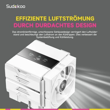Кулер для процесора Sudokoo SK620V White AM5: двосекційний повітряний охолоджувач з цифровим дисплеєм, 6 теплотрубками та 2 вентиляторами PWM FDB 120мм, білий