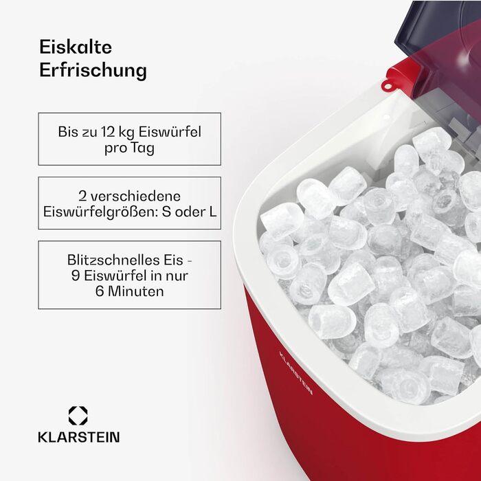 Льодогенератор Klarstein, 12 кг/24 год, 2 розміри кубиків, 1,3 л, LED-індикація, прозора кришка, портативний, для вечірок і садових свят, червоний