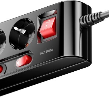 Мережевий фільтр DeleyCON з 4 розетками, індивідуальне вмикання/вимикання, 1.4м кабель, з захистом від дотику, чорний