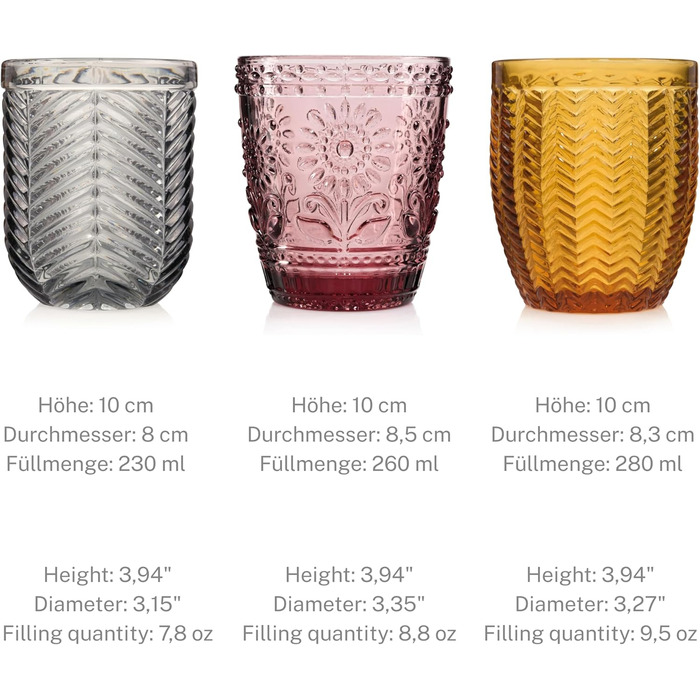 Sänger Drinking Glasses Set Porto - 6-Piece Glass Set for 6 People, Water Glasses, Multicolored, Unique Cut, Everyday Use, Family Meals, Office, Outdoor Juice Glasses Set | 310 ml