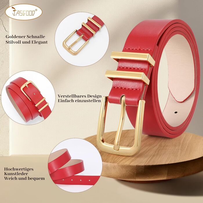 Жіночий шкіряний ремінь JasGood з золотою пряжкою для джинсів, штанів, суконь - червоний колір, розмір S (65-75 см)