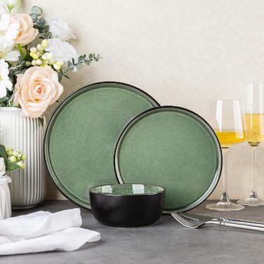 Набір керамічного посуду AmorArc (24 шт.) для 8 осіб: тарілки та миски, реактивна глазур, стійкий до сколів та тріщин, придатний для миття в посудомийній машині та використання в мікрохвильовій печі. Сервіз для 8 осіб (24-teilig), колір: матовий чорний не