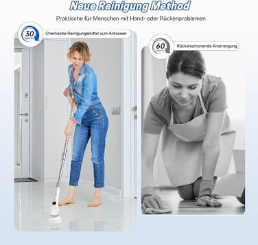 Електрична щітка для прибирання ванної кімнати, 7 в 1, з набором насадок, LED-дисплей, регульована ручка, IPX7, білий