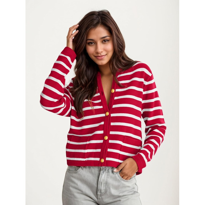 Жакет жіночий короткий з 2 кишенями на ґудзиках, смугастий пуловер, стильний осінній кардиган з круглим вирізом, модний в'язаний пуловер (S, Червоний)