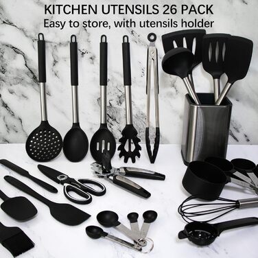 Kitchen Helper Set, 26-Piece Silicone Kitchen Utensils Set, Heat-Resistant Cookware with Utensil Holder, Silicone Spatulas, Cooking Spoons, Anti-Stick Spatulas, BPA Free, Dishwasher Safe, Black