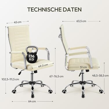 Офісне крісло Yaheetech з підлокітниками, ергономічне, для офісу, комп'ютерне, для начальника, висока спинка, з функцією гойдання, до 136 кг, бежеве