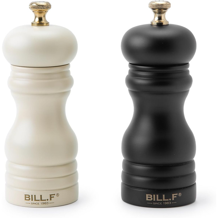 Набір для солі та перцю Bill.F, 2 шт., дерев'яні, ручні, з регульованим керамічним млином, 13,5 см (чорний та кремовий)