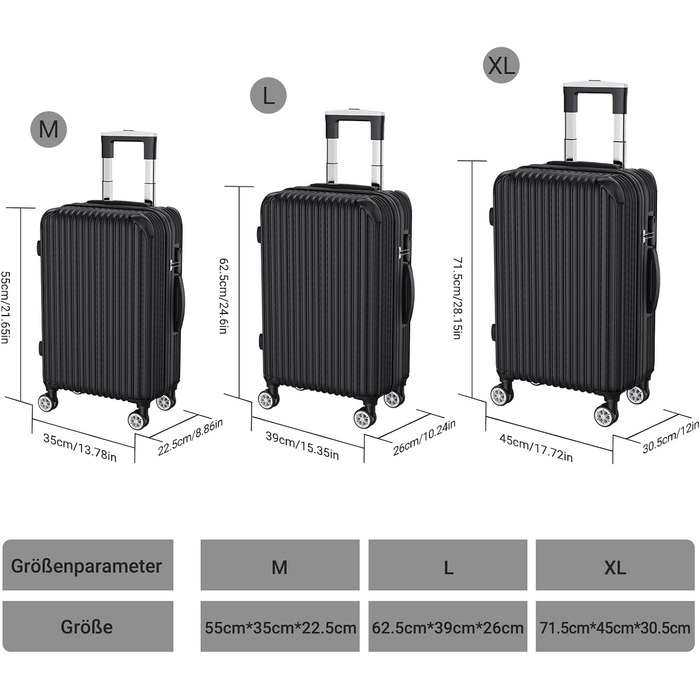 Набір валіз 3 шт. з жорстким корпусом, PC, легкі, міцні, з обертовими колесами на 360° та TSA замком (чорні смуги)