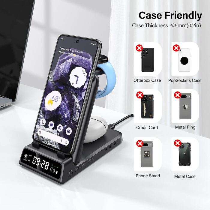 Бездротова зарядна станція 3-в-1 для Google Pixel Watch 3/2, Fitbit Versa 4/3, Sense 2/1, Samsung Galaxy S26 Ultra, iPhone 17 та Pixel Buds Pro 2 - SwanScout 703G2 (Чорний)