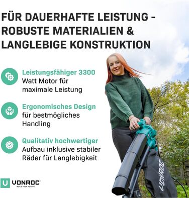 VONROC Electric Leaf Blower 3300W - 3-in-1 Leaf Collector Function - Blow 270km/h, Vacuum, Shred - Includes 40L Collection Bag