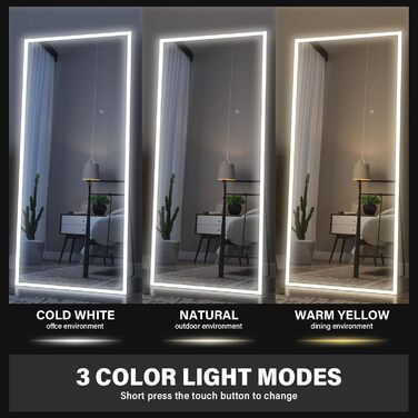 Дзеркало у підлогу CASSILANDO з LED-підсвічуванням, 165 x 60 см, білий колір, регулювання яскравості