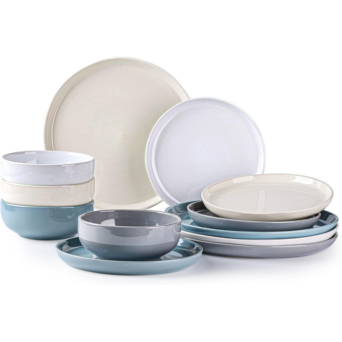 Набір посуду GBhome Teller- und Schüssel-Set: 12 елементів керамічного посуду для 4 осіб. Стійкий до подряпин та миття в посудомийній машині. Сучасний посуд для мікрохвильової печі та посудомийної машини (багатобарвний).