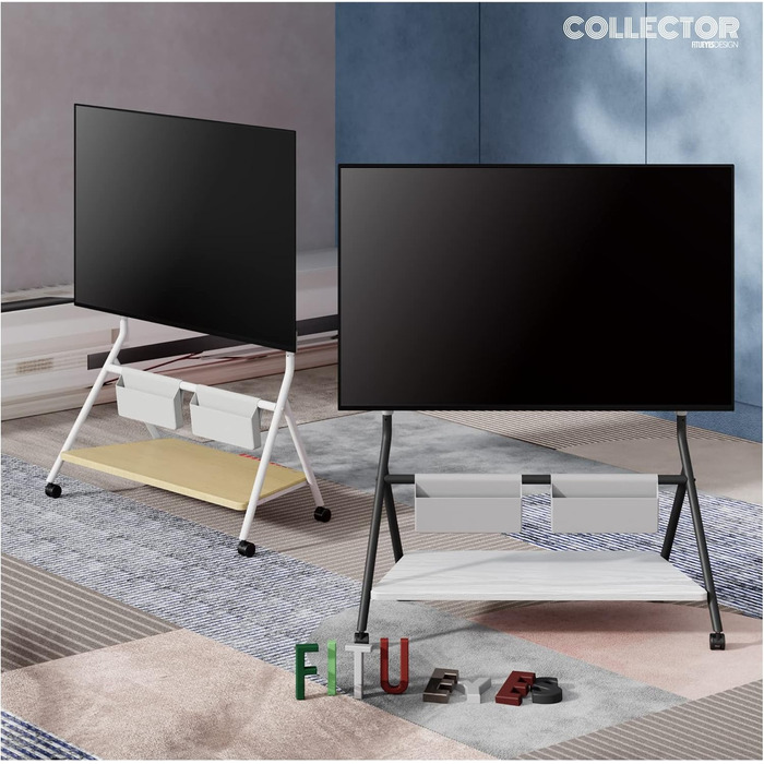 Підставка для телевізора FITUEYES Collector, 65-88 дюймів, ролики, регульована висота, з полицею та сумкою, білий