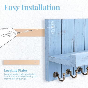Дерев'яне ключниця з поличкою, 5 гачків, для прихожої, спальні, вітальні (Блакитний)