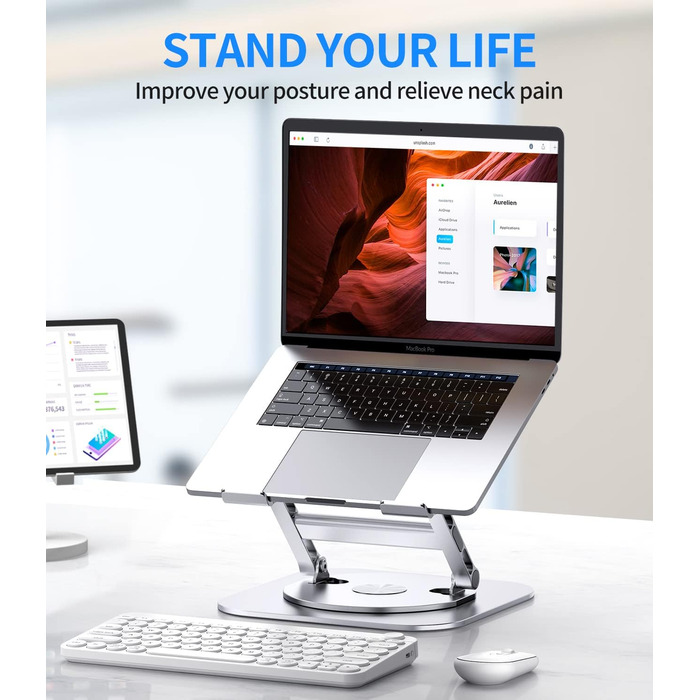 AOEVI Adjustable Laptop Stand with 360° Swivel Base - Ergonomic Foldable Laptop Riser for Desk - Compatible with MacBook Pro/Air & Notebooks up to 16 inches (Pro Silver)