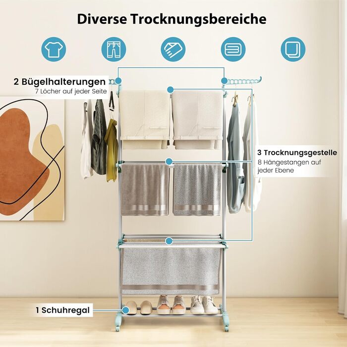 Сушарка для білизни COSTWAY 4-рівнева з колесами, розкладна, з 2 обертовими крилами, висувна, для дому та вулиці (світло-блакитна)