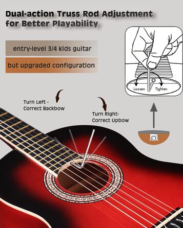 Класична гітара Winzz 4/4 для дорослих та дітей (від 11 років), набір для початківців - Чорний глянцевий (39 дюймів), 3/4 - Червоний