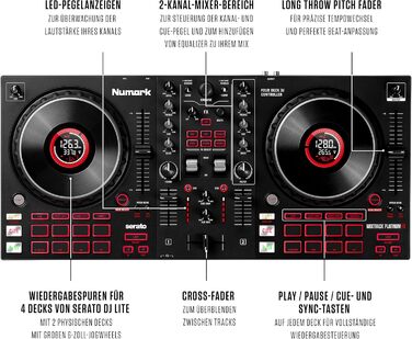 Numark DJ Pro Paket Platinum FX: DJ контролер з 4-дековим управлінням, аудіоінтерфейсом, дисплеями Jogwheel та ефект-педами, HF175 навушники (40 мм драйвер)