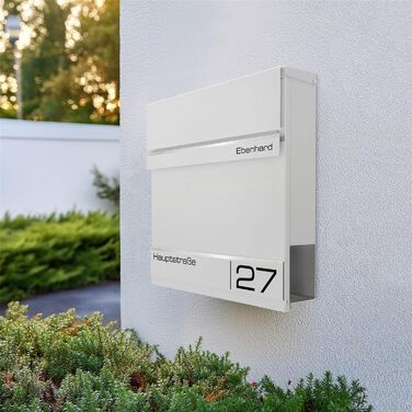 Поштова скринька Metzler Anthrazit RAL 7016 з газетницею та номерним знаком – персоналізована лазерна гравірування, сучасний поштовий ящик з табличкою, водонепроникний та стійкий до іржі | Модель Hermann (RAL 9016)