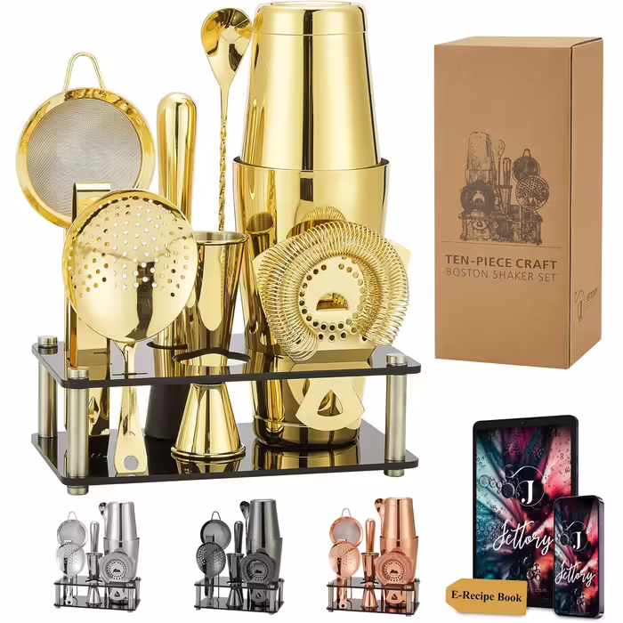 Boston Shaker Set - 10-Piece Stainless Steel Cocktail Shaker Set with Acrylic Base, Hawthorne Strainer, Ice Tongs, Bar Spoon, Jigger, Muddler - Perfect for the Home Bar (Gold)