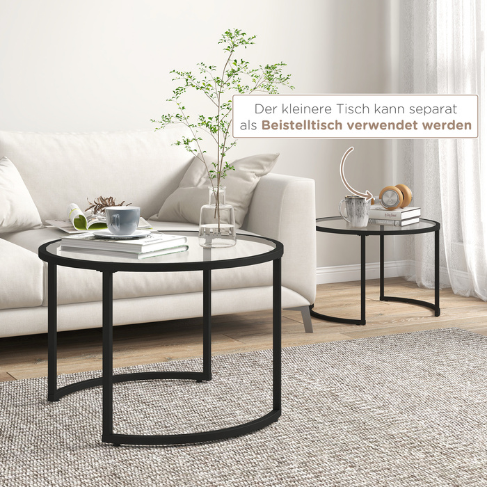 HOMCOM Set of 2 Side Tables with Black Steel Frame and Tempered Glass Tabletop, Partially Stackable for Living Room & Lounge