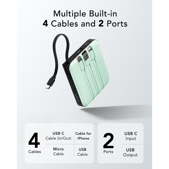 Power Bank VRURC 10000mAh з кабелем: компактний акумулятор USB-C, швидка зарядка 22.5W, LED-дисплей, сумісний з iPhone, Huawei
