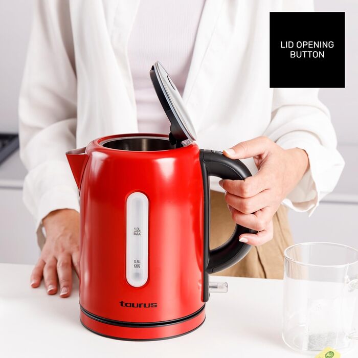 Електричний чайник Taurus Vintage Compact Red 2400W, 1л, 360° обертання, автоматичне відключення, LED-дисплей, без BPA, нержавіюча сталь, індикатор рівня води, ретро-дизайн, червоний