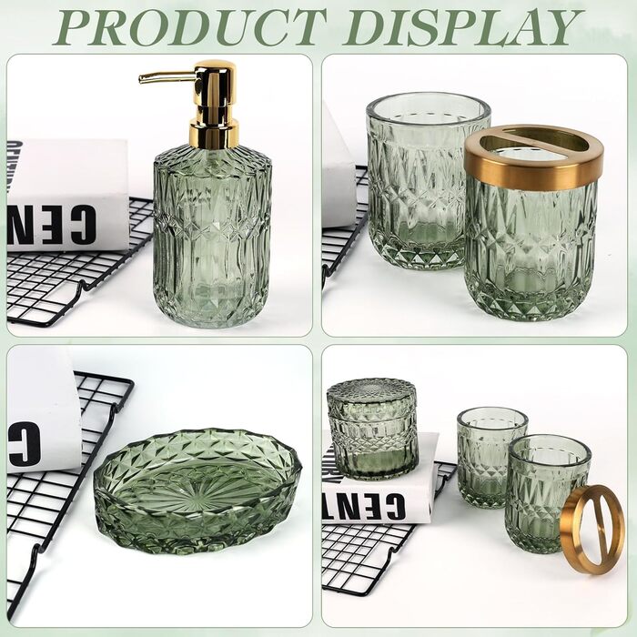 Набір аксесуарів для ванної кімнати NZZVNZ, 5 шт. - зелене скло, набір мильниць, дозатор мила, тримач для зубних щіток, контейнер для ватних паличок, склянка, декор для ванної кімнати, вінтажний подарунок