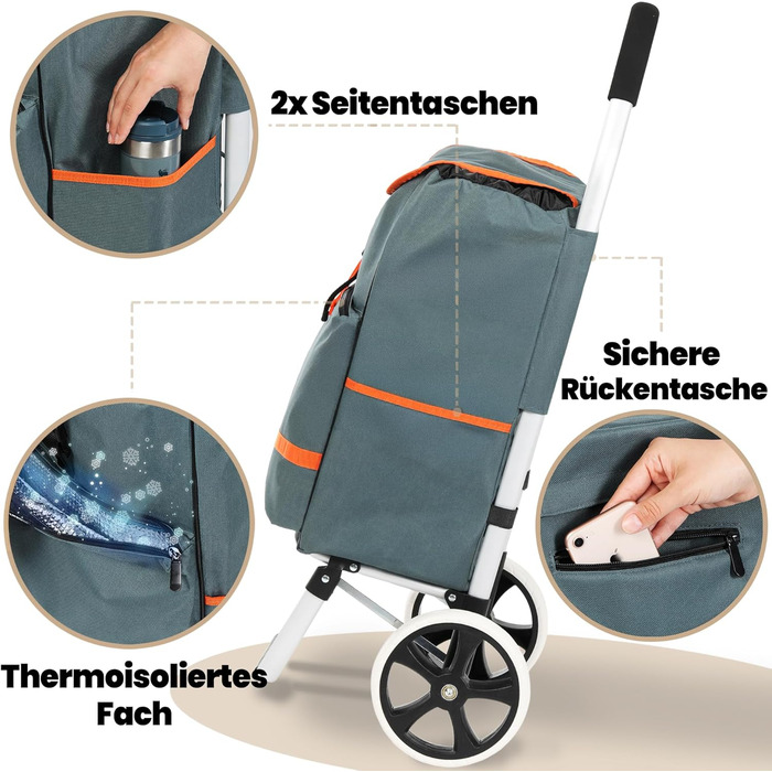 Тролей для покупок Eskey з відділенням для охолодження – великі колеса, складаний, водонепроникний, 50 л (Чорний, Cloud Gray)