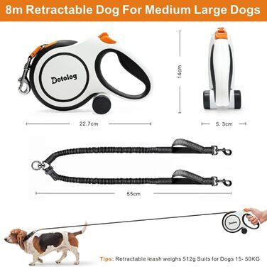 Висувна поводок для собак, рулетка з подвійним повідком, безпечна застібка, поводок для собак середніх та великих порід (чорний), 8 метрів