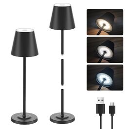 Світлодіодна настільна лампа 3-в-1 бездротова з акумулятором 5500mAh, регульована висота, димування, 3 кольори світла - USB акумуляторна настільна лампа металева водонепроникна сенсорна для дому та вулиці, чорна (набір 2 шт.)