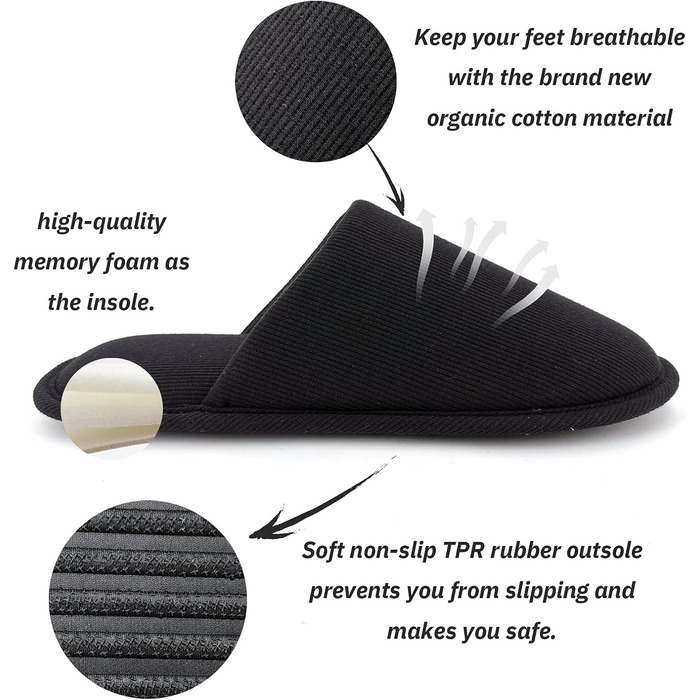 Чоловічі халапи з бавовни ofoot, зручні, з піною Memory Foam, для дому, плоскі, можна прати, Slip on, 41/42 EU, чорні