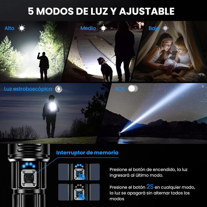 Потужний ліхтарик LED - 1000000 люмен, акумулятор 5000 mAh, IP67 водонепроникний, 5 режимів, для кемпінгу/походів/відпочинку на природі/надзвичайних ситуацій