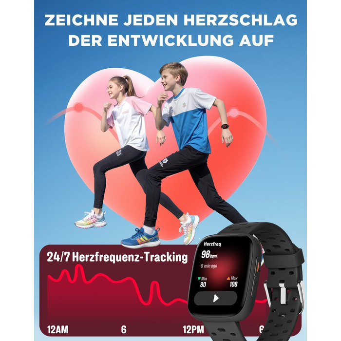 Смарт-годинник BIGGERFIVE для дітей з/без додатку, 1.8' фітнес-годинник, крокомір, пульсометр 24/7, будильник, водонепроникність 30м, монітор сну, пазли-ігри, 100+ циферблати для дівчаток, хлопчиків, підлітків 5–16, чорний
