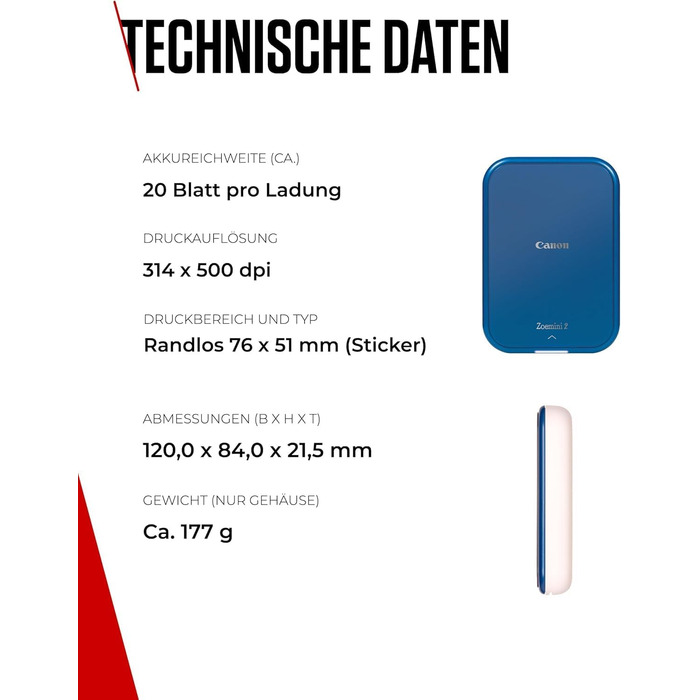 Canon Zoemini 2 Marineblau: Міні-принтер для фотографій, Bluetooth, мобільний, з акумулятором