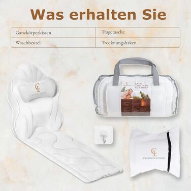 Подушка для ванни для всього тіла 126x41 см з підголовником, підтримкою для шиї, спини та ніг. Біла, тепла біла. У комплекті: мішок для прання/подорожі та гачок для сушіння.