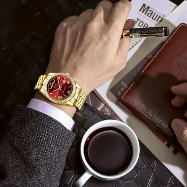 Годинник NIBOSI для чоловіків: аналоговий кварцовий годинник з діамантовою лускою, сталевий циферблат рожевого золота, срібний, водонепроникний, бізнес-стиль, класичний годинник з датою та індикатором дня тижня (золотий, червоний)