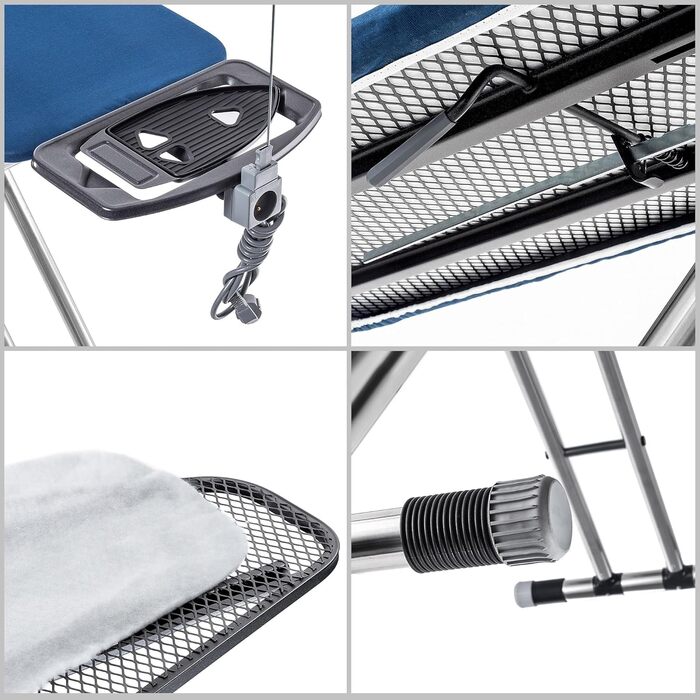 КADAX Розкладне прасувальне прізвисько 120x42 см з алюмінію з підставкою для праски та тримачем для кабелю, регульована висота, з розеткою (Темно-синій)