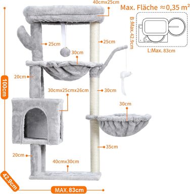 Котячий будиночок Heybly Kratzbaum: висота 100 см, котячий комплекс з платформою, печерею, 2 гамаками та іграшками. Активний котячий будиночок HCT006SG (світло-сірий)