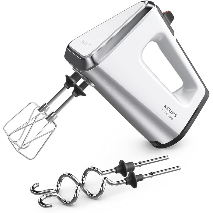 Krups GN9101 3 Mix 9000 Hand Mixer | 750 Watt | Powerful | Speed Control | Turbo Mode | Pulse Function | Ergonomic Handle | Long Cord | Includes Whisk and Dough Hooks | White/Silver 750 Watt Single