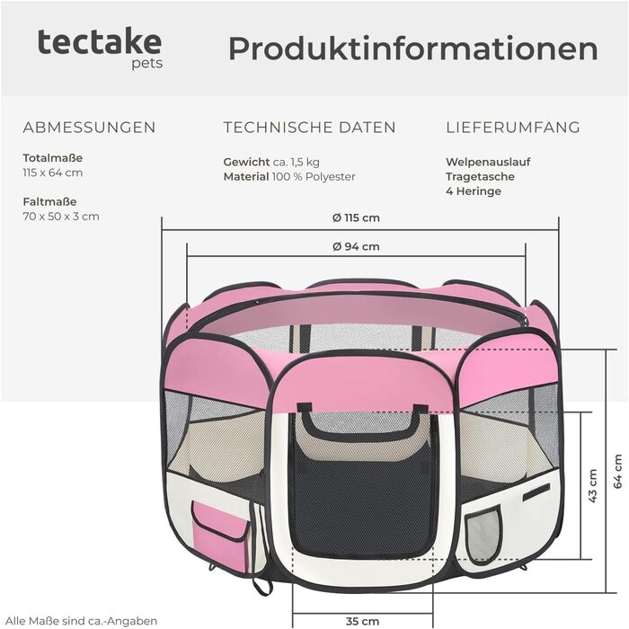 Тектейк® вольєр для цуценят, вольєр для тварин, вигульне місце для собак, котів, кроликів, вигул, вольєр для дому або кемпінгу - загородження для собак, ґрати для собак, вольєр для вигулу, вольєр для дрібних тварин - рожевий