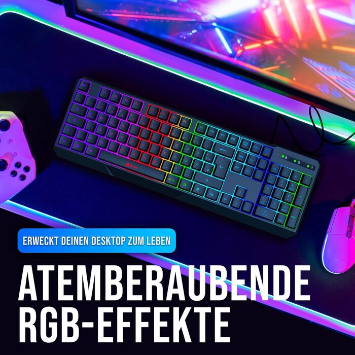 KLIM Chroma - ігрова клавіатура QWERTZ DE з підсвічуванням RGB, USB, водовідштовхувальна, ергономічна, для PC, Mac, PS5, PS4 - чорна