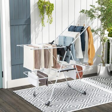 Стійка для сушіння білизни COSTWAY розкладна, сушарка для одягу висувна, регульована по висоті з крилами та полицею для взуття, сушильний стійка-вежа для дому та вулиці (оновлена версія) (з 2 рівнями)