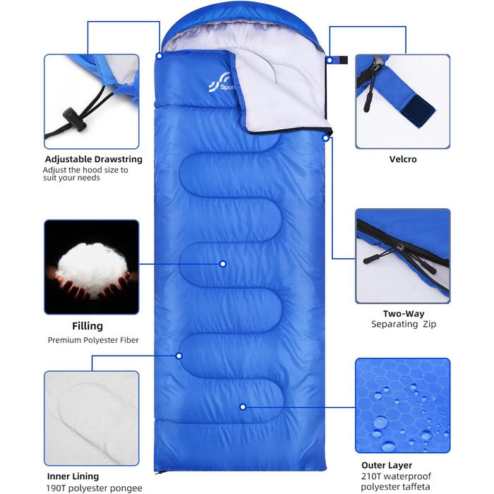 Сплячий мішок Outdoor Sportneer для дорослих та дітей - легкий спальник для кемпінгу, походів, рюкзаків, 220x75 см, блакитний