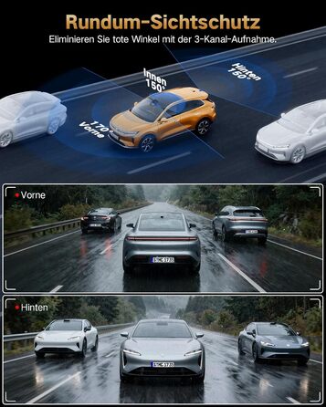 3-канальний автомобільний відеореєстратор 4K (передній, задній, салонний), 170° широкий кут, нічна зйомка, паркування 24/7, G-сенсор, WiFi 5.8 ГГц, SD-карта 64ГБ, чорний