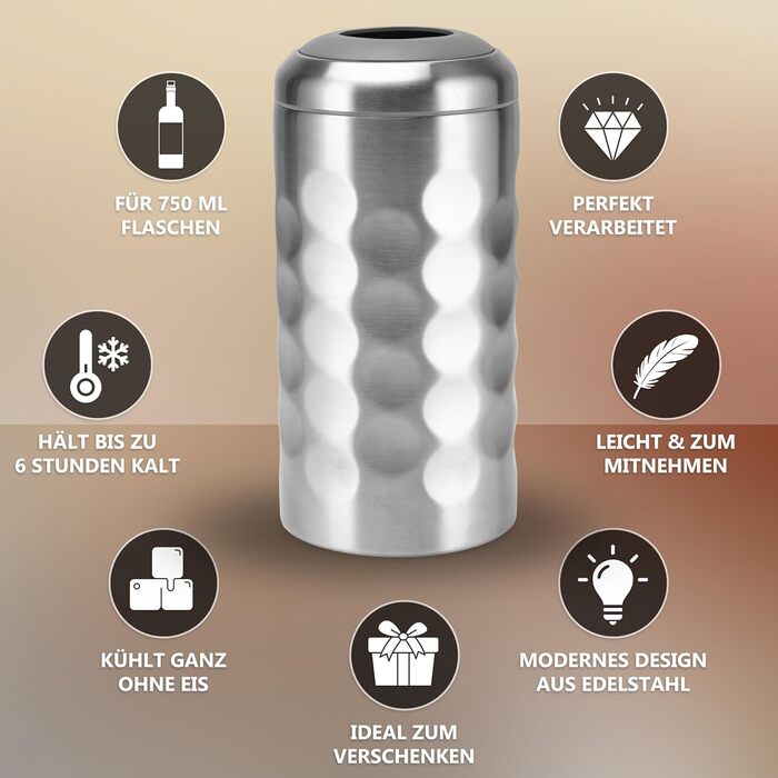 Охолоджувач вина Arktis з нержавіючої сталі – стильне наливання безпосередньо з охолоджувача | Вакуумно-ізольований охолоджувач напоїв та охолоджувач пляшок для вина, шампанського, ігристого вина | Охолоджувач шампанського з подвійними стінками (нержавіюч