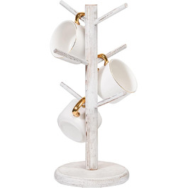 Dorho Cup Holder, Tree, Coffee Cup Holder with 6 Hooks, Wooden Cup Holder for Countertop, Coffee Bar Accessories and Organizer Station, White (Rustic White)